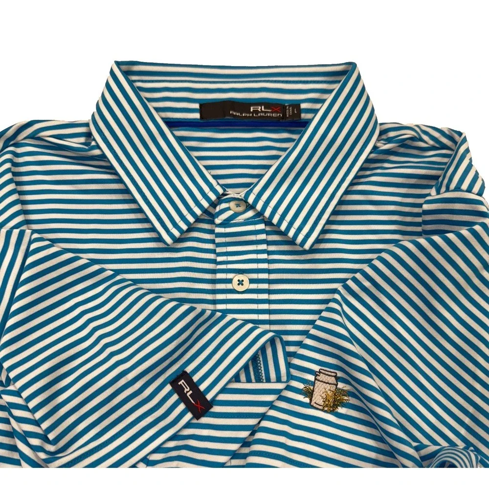 RLX Ralph Lauren Polo Shirt L Large Blue Stripe Casual Golf‎ Logo Mens